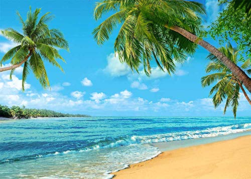 Summer Tropical Hawaii Palm Tree Or Beach Photography Backdrops 7X5FT Blue Sea Sky Sunshine Luau Party Photo Background Wedding Bride Shower Baby Birthday Party Banner Supplies Props Vinyl