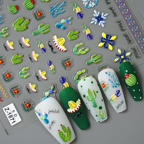 Summer Cactus Nail Art Stickers for Nail Art - 1 Sheets 5D Embossed Nail Decals Flower Green Cactus Plant Slider Nail Stickers Self-Adhesive Nail Art Decorations Manicure Tips for Women Girls