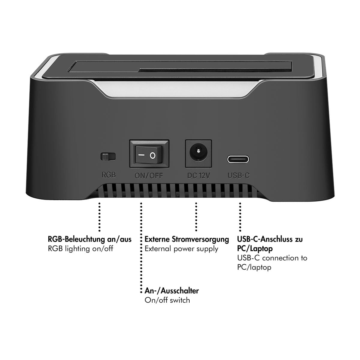 LogiLink Docking Station USB-C (3.2 Gen1) per HDD/SSD SATA da 2.5" e 3.5", con luce RGB, compatibile con Thunderbolt, Windows, Mac OS, Linux