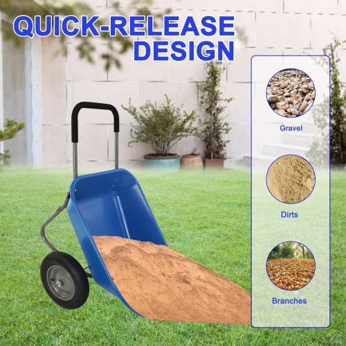Wheelbarrow Garden Cart, Heavy Duty Home Utility, Dual-Wheel Home Garden Yard Utility Wheelbarrow Cart with Built-in Stand (Blue)