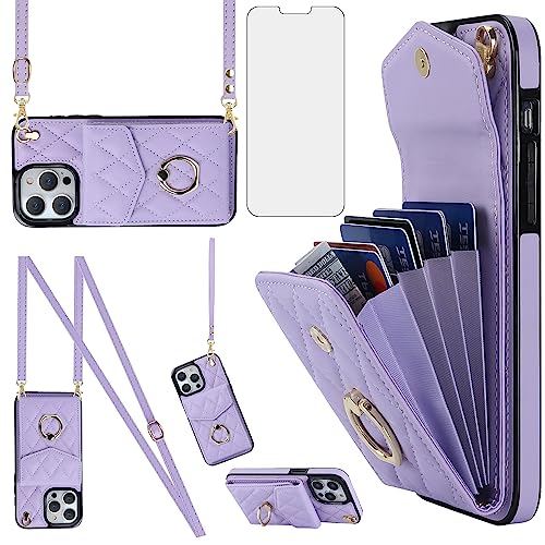 Asuwish Funda para iPhone 14 Pro MAX con Cristal Templado Protector Pantalla Cuerda Libro Cuero Piel Tarjetero Soporte i-Phone 14Pro Promax i Phoenix 14ProMax Tapa Carcasa Capa Case Lila