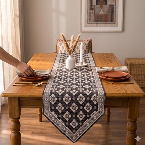 Image of Premium Dining Table Runner | Washable Farmhouse Style Heat Resistant Table Cover for 4 & 6 Seater | Elegant Home & Coffee Table Decor | Soft Viscose Rayon & Cotton | 13x72 Inch | Grey