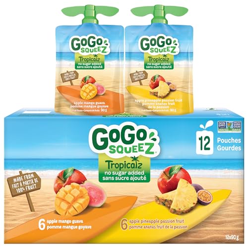 GoGo squeeZ Tropicalz Fruit Sauce Snack Pouches Variety Pack - Apple Mango Guava, Apple Pineapple Passion Fruit. 100% Real Fruit Puree, No Sugar Added, No Preservatives, 12 x 90g