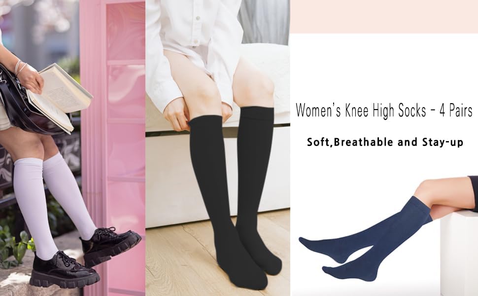 YEJIMONG Knee High Socks for Women – 4 Pairs Solid & Striped Color Cotton Long Socks, Size 6-10 - Image 2
