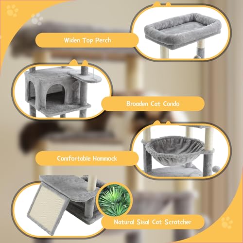 Image of Multi-Level Large Cat Tree, 66 Inches Tall Cat Tower with Scratching Posts, Condo, Hammock, Dangling Ball,and Extended Platform for Cats to Play and Sleep,Gray Cat Bed