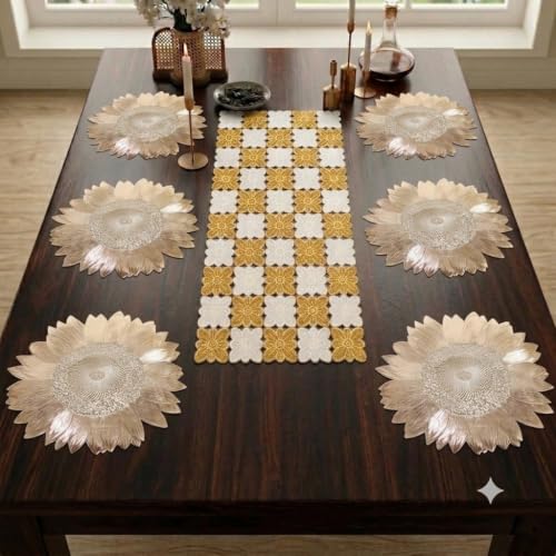 Image of Dakshya Industries Dining Table Mats Round PVC Set | 6 Waterproof Placemats (38 x 38 cm) + 1 Table Runner (91 x 33 cm) | Heat Resistant, Kitchen Decor (Auristra)