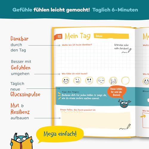 6-Minuten Gefühlstagebuch Kinder 6-12 Jahre - Gefühle verstehen, Selbstbewusstsein & Achtsamkeit aufbauen - Tagebuch Mädchen & Jungs - Gefühle Buch