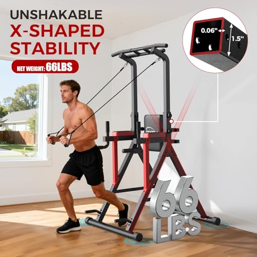 Power Tower Pull Up Bar Free Standing,13-Level Adjustable Height Dip Station with X-Frame Stability, Multi-Grip Handles, Backrest, Home Gym Strength Training Equipment 400LBS - Thumbnail 3