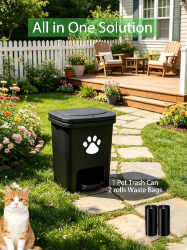 Image of Dog Poop Trash Can Outside, Dog Waste Trash Can with Lid Pedal Odor Control for Outdoors - Black, with 40PCS Waste Bags