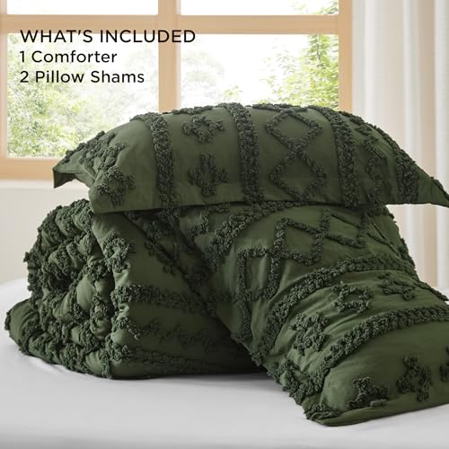 Bedsure Tufted Boho Comforter Set Oversized King - Olive Green Boho Bed Set, GentleSoft™ 3 Pieces Farmhouse Shabby Chic Embroidery Bedding, Gifts for Woman, Soft Jacquard Comforter for All Seasons