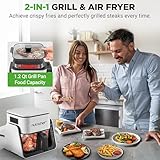 NutriChef 4 QT Air Fryer & Grill | 8-1 Preset Cook Modes | Transparent Fry Bowl for Best Cooking Results | Cook Shrimp, Steak, Fries, Wings & More | 4 QT Glass Air Fryer & 1.2 QT Grill | White