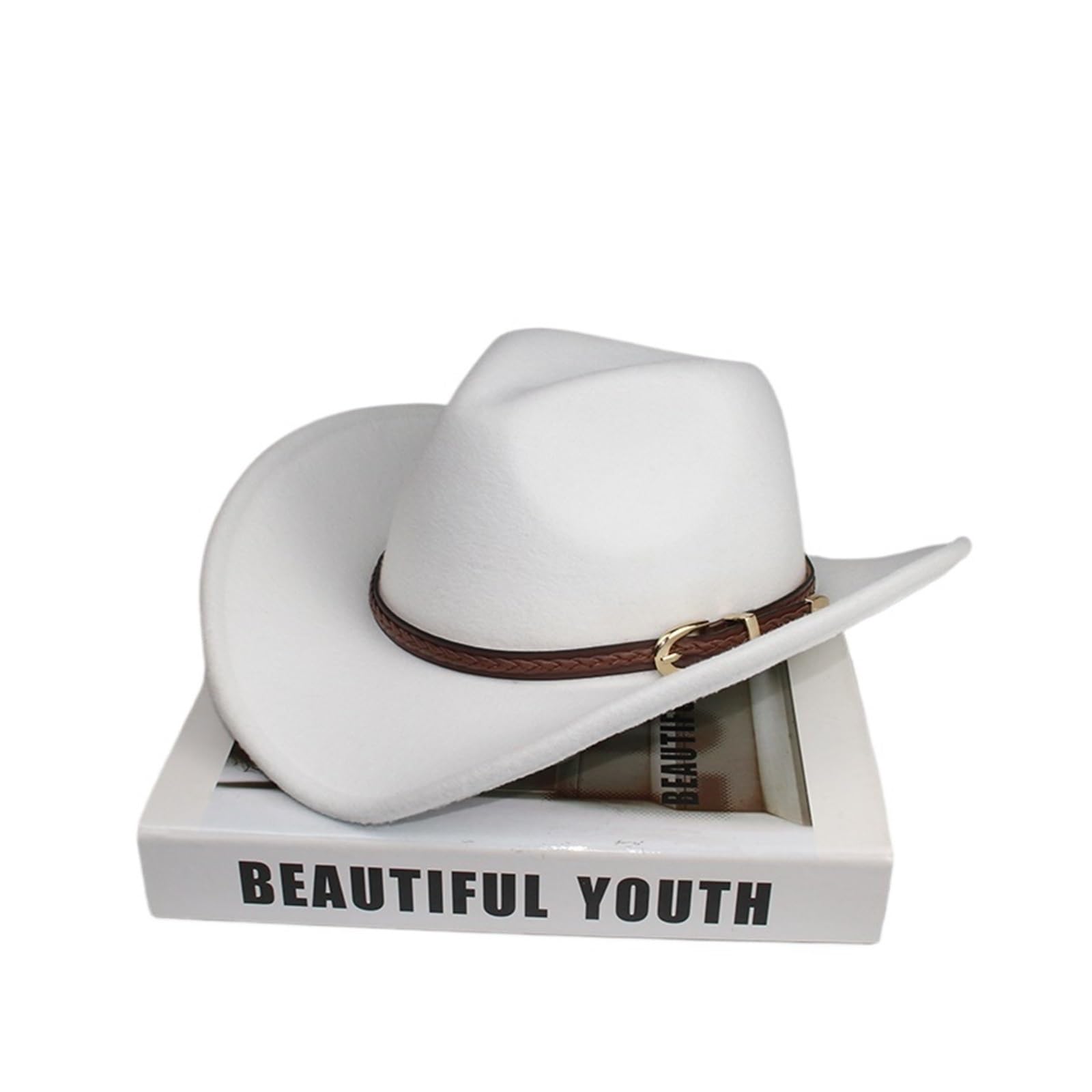 Cappello Cowboy Cappello da Cowboy Western con Tesa Larga in Lana Vintage Cinturino in Pelle Color caffè, Modello Cowgirl(White,61cm)