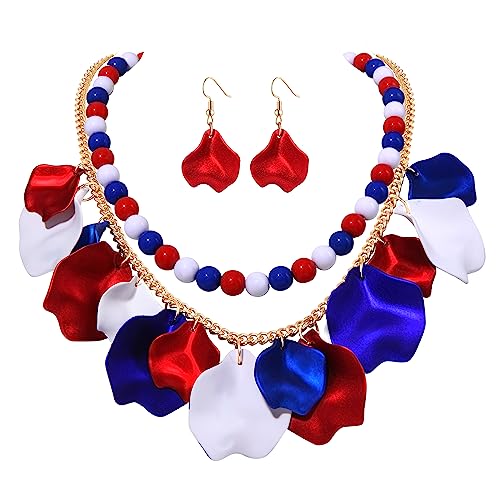 Faerliiry 4Th Of July Jewelry Set Flower Petal Necklace For Women Beaded Necklace Earrings Usa American Patriotic Earrings Necklace Set Rose Petal Pendant Necklace Independence Day Party Gift cover