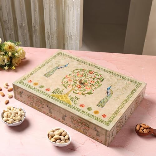 Image of Riwaz Green Peacock Dry Fruits Gift Box | Elegant Enamel Green Designer Packaging | Assorted Almonds, Cashews, Pistachios, Walnuts, Raisins & Khumani | Ideal for Rakhi, Diwali, Eid & Festive Gifting