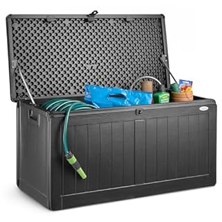 CHRISTOW Waterproof Garden Storage Box With Lockable Lid, Plastic Wood Effect Outdoor Storage Box, Aluminium Hinges, 190L