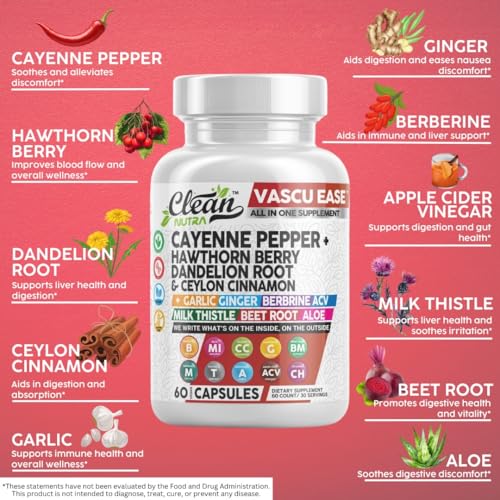 Clean Nutra Cayenne Pepper Capsules Supplement with Hawthorn Berry, Dandelion Root, Ceylon Cinnamon, Garlic, Ginger, Berberine, Apple Cider Vinegar, Milk Thistle, Beet Root, Aloe Vera Pills & More - Image 5