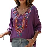 AK Embroidered Tops for Women 3/4 Sleeve Peasant Blouse Mexican Shirts V Neck Traditional Tunic Casu