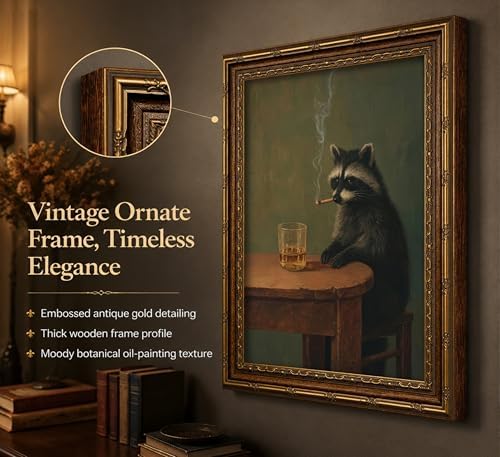 Vintage Gold Framed Smoking Raccoon Wall Art,Moody Dark Funny Animal Whiskey Cigar Canvas Print,Humor Funny Raccoon Wall Decor,Retro Bar Cart Poster Artwork,for Study Living Office Bar Decor — view 2