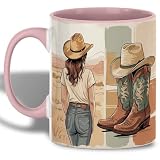 The Home Champs Western Cowgirl Back View Mug, Rustic Coffee Mug with Hat and Cowboy Boots Illustration, Desert Landscape Country Vibe, Ceramic Drinkware Gift for Farmhouse and Outdoor Style Lovers