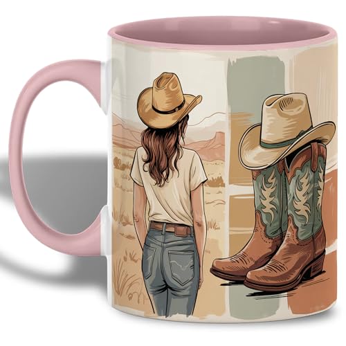 The Home Champs Western Cowgirl Back View Mug, Rustic Coffee Mug with Hat and Cowboy Boots Illustration, Desert Landscape Country Vibe, Ceramic Drinkware Gift for Farmhouse and Outdoor Style Lovers
