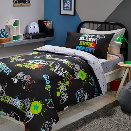 Bedlam Juego de Funda de edredón Negra con diseño de Videojuegos, tamaño Doble (200 x 200 cm), Brilla en la Oscuridad, Accesorios para Dormitorio de Juegos, diseño Reversible, colección Game Glow