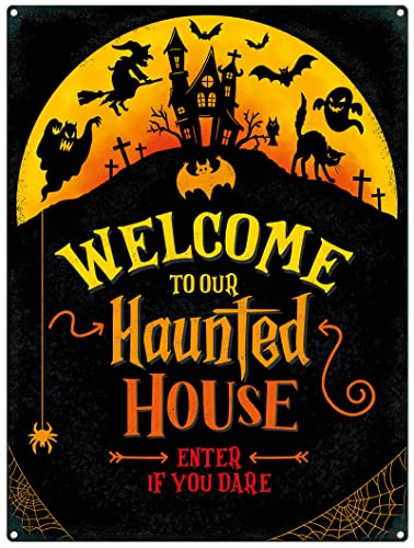 Small (150 x 200mm) Metal Sign - Welcome to Our Haunted House - Enter If You Dare, Multicolour
