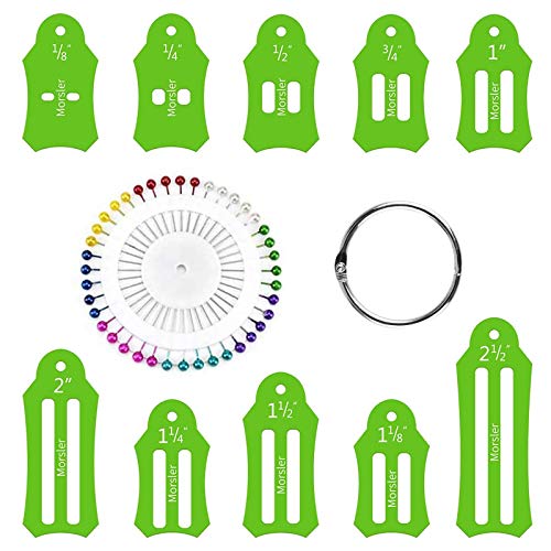 Walhome Jelly Roll Sasher Tool Set, 10 Stück Sasher in Mehreren Größen zum Falten von Stoff und Vorspannstreifen, mit 40 Stück mehrfarbigen Quiltstiften und Aufbewahrungskette (Grün) Cover