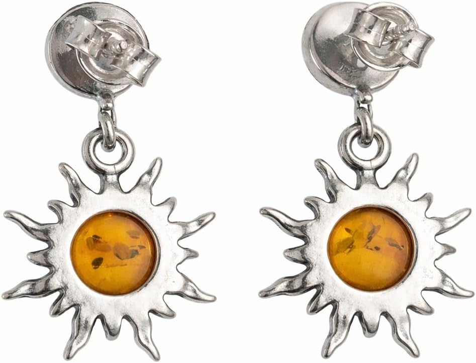 Amber Earrings - Sterling Silver and Baltic Honey Amber Earrings "Sun" - Amber Dangling Earrings - Sterling Silver Jewelry Collection