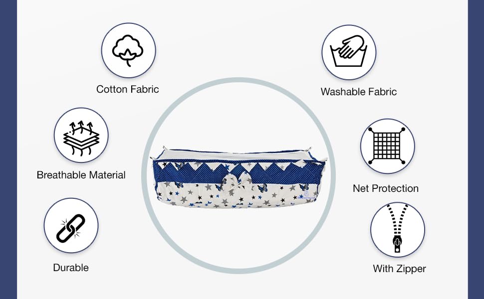 Image of Motherhood Baby Hammock Ghodiyu /Khoyu Soft Cotton Cloth Swing Cradle Safety with Mosquito Net Cover with Zipper (Blue)