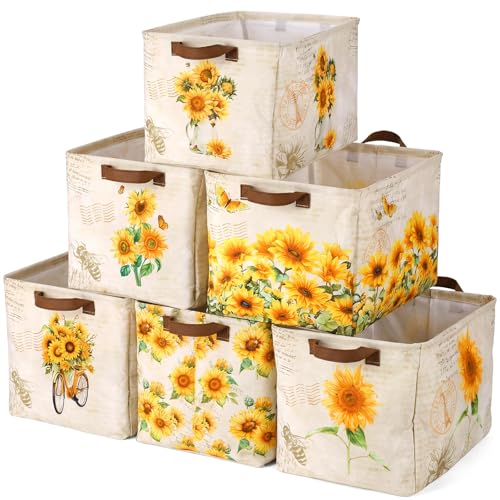 Image of Fourluoo 6 Pack Sunflower Storage Basket with Handles Sunflower Clothes Storage Basket Bin Foldable Box Bins Organizer for Closet Shelf Nursery Kid Room Book Toy Chest