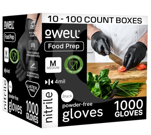 OWELL Black Nitrile Gloves - 4 Mil Food Safe Disposable Gloves - Latex-Free, Powder-Free, Medical Exam & Chemical Resistant