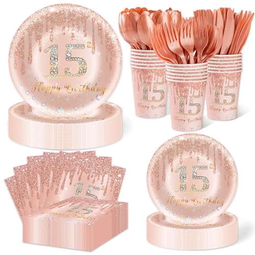 350PCS 15th Birthday Decorations for 50 Guests,Party Supplies for Girls Include Paper Plates, Napkins, Cups, Disposable Tableware