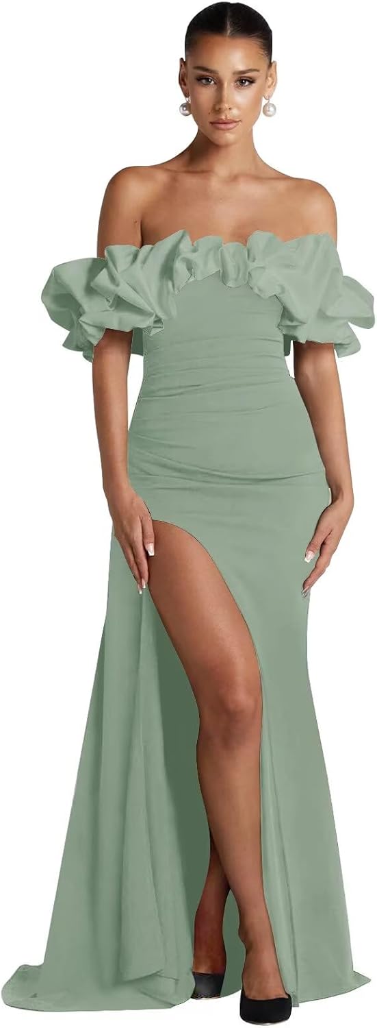 Ruffle Mermaid Prom Dresses for Women Long Formal Evening Party Gown with Slit