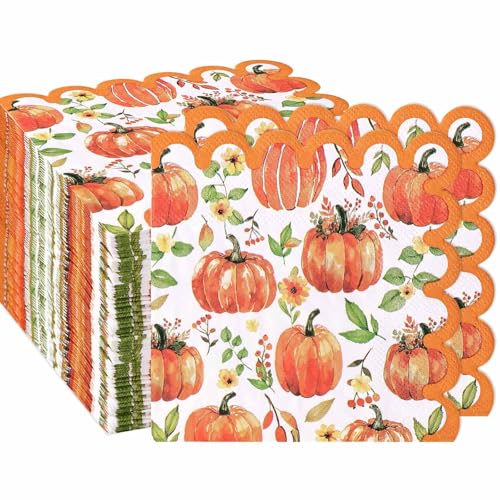 FALIZIFU 50 Pcs 3-Ply Fall Pumpkin Scalloped Paper Napkins Folded 5 x 5 inch Disposable Orange Autumn Pumpkin Cocktail Dinner Napkins for Thanksgiving Harvest Party Fall Beverage Napkin