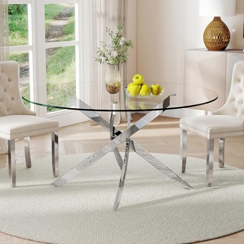 KATBOC 47-Inch Round Tempered Glass Dining Table for 4-6 Person Space-Saving Small Kitchen Table with Heavy-Duty Metal Legs Perfect for Dining Room, Apartment, Condo(Silver)