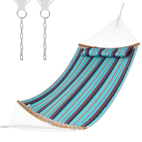 Giantex Hammock with Detachable Pillow Outdoor Hanging Chair, Patio Hammock w/Curved Bamboo Spreader Bar, Steel Chain, Hammocks Swing for Backyard, Beach, Garden (Blue)