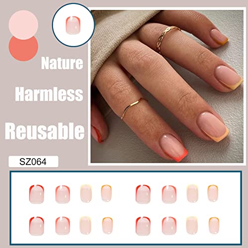 Qingge Nude Press On Nails Short Length Square French Fake Nails With Red Orange & Yellow Stripes Design Stick On Nails Glue On Nails Glossy Acrylic Nails False Nails For Women 24Pcs #TOP2
