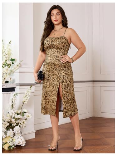 Image of BEAUDRM Women's Plus Size Leopard Print Midi Dress Split Thigh Sleeveless Square Neck Bodycon Midi Dresses Brown XX-Large Plus