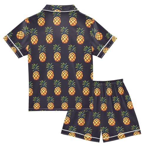 ALAZA Vintage Pineapple Fruit Black Satin Pajamas Set Short Sleeve Button Down Sleepwear Summer Pjs 2 Piece2
