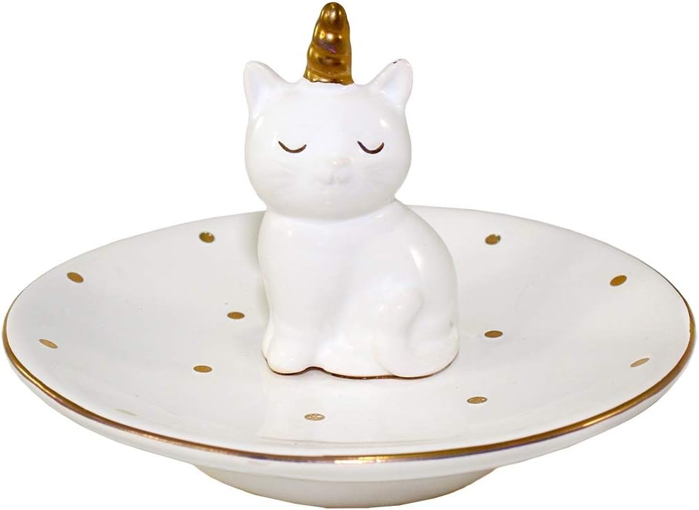 World Buyers Decorative White and Gold Unicorn Cat (CatiCorn) Trinket Jewelry Key Dish Tray 4.25dia x 2.5" H
