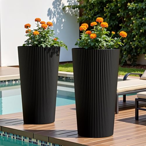 Diyfire 23.6 H Tall Planters for Outdoor Plants Set of 2 - Fluted Large Outdoor Planters for Front Porch Decor with Drainage Hole Plastic Round Conical Flower Pots Fits Indoor Plants Patio Black