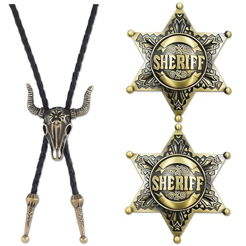 3 Stück Cowboy Kostüm Herren, Leder Halloween Krawatte Cowboy Kuh Schädel, Bolo-Krawatte, Western Cowboykrawatte und Sheriff-Stern, Lariat Halskette Schwarz Leder Rodeo Anhänger für Damen und Herren