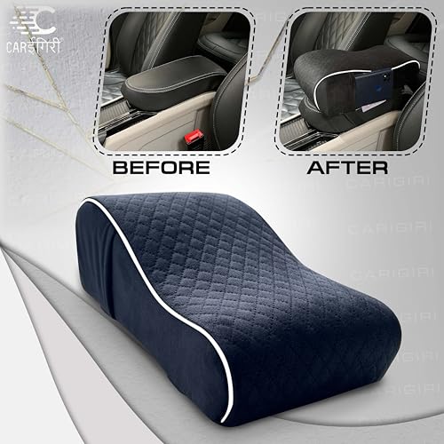 Image of Carigiri ComfiRest Car Armrest Cushion| Memory Foam Arm Cushion| Universal for All Cars| Armrest Support Extender| Height Armrest Pad(White Seam,Breathable Velvet,Dual Mobile Pocket)