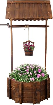 Garden Wishing Well, 20In/25In Outdoor Rustic Wooden Wishing Well Planter with Hanging Bucket for Outside Yard Patio 25 Inch