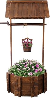 Garden Wishing Well, 20In/25In Outdoor Rustic Wooden Wishing Well Planter with Hanging Bucket for Outside Yard Patio (25 Inch)