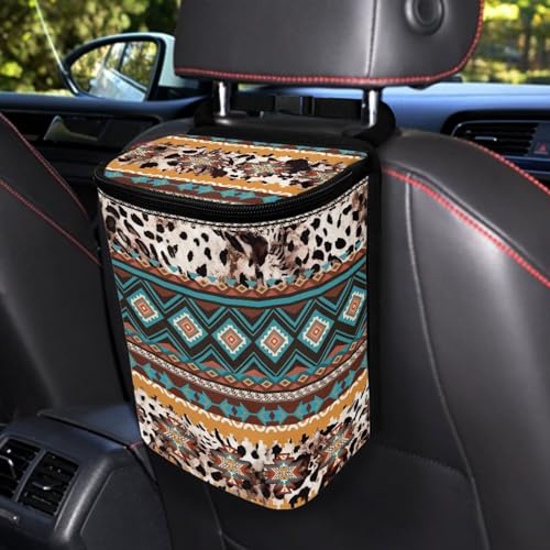 Image of Southwestern Tribal Aztec Cowhide Hanging Trash Can for Car,Leak Proof Multipurpose Trash Bin Can with Lid,Universal Fit Most Vehicle