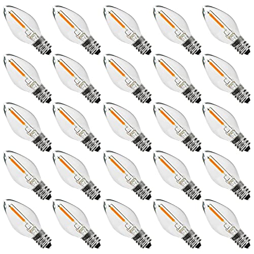 Austin Coast 25PACK LED Night Light Bulbs C7 Candelabra LED Light Bulbs E12 Chandelier Base 0.6W Equivalent to 7W Warm White 2200K 50LM Shatterproof & Waterproof Clear Plastic