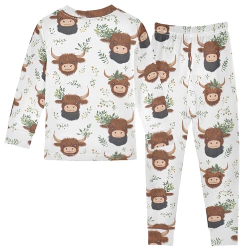 Cartoon Cute Highland Cute Pajama Sets Long Sleeve Top and Pants, Snug Fit Sleepwear for Night Wears2