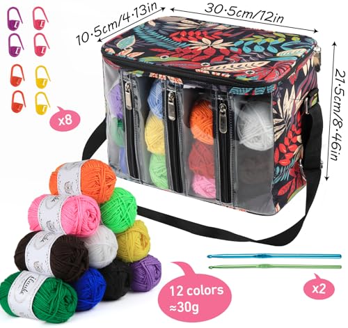 Image of 1Plusselect Crochet Bag Kit Knitting Needles Yarn Bag Storage with Inner Divider, Large Crochet Yarn Skeins Craft Tote Bag for Crochet Kits Yarn Organizer Bag Suitable for Crochet Novice,Enthusiasts