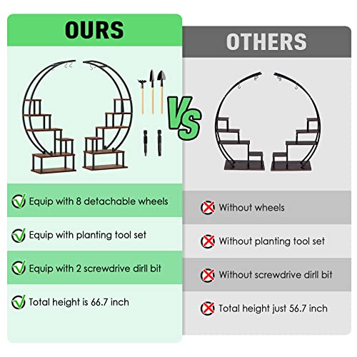 Seeutek 2 Pcs 6 Tier Tall Metal Indoor Plant Stands With Hanging Loop,Half Moon Shaped Ladder Plant Shelf Holder,Multiple Plant Stand Flower Pot Rack For Home Decor Patio Lawn Garden Balcony.(Round-Brown With Wheels) #TOP2